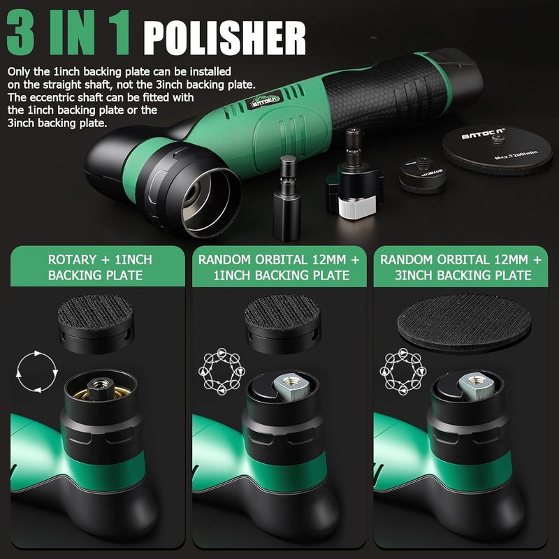 BATOCA S5 Cordless Mini Car Polisher Buffer Machine Dual Action & Rotary Mini Polishing Machine 1x 12V 2A Battery with 1inch 3inch Polishing Pads Kit for Car Motorcycle Deatiling Polish Buffing Clean - Image 4